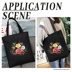 DIYフラワー模様トートバッグ刺繍キットを作る  刺繍針と糸を含む  綿布バッグ  プラスチック刺繍フレーム  ブラック  615mm&nbsp;DIY-WH0349-21C