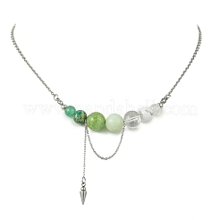 Collares de cadena de acero inoxidable 304 con colgante redondo de cuentas graduadas de aventurina verde natural&nbsp;NJEW-TA00242-03