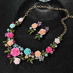 Blumenlegierung Strass & Acryl Imitation Perle Ohrringe & Halsketten Sets für Frauen&nbsp;FS-WG42C19-01