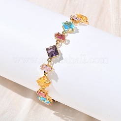 Браслеты из латунного стекла и кубического циркония с прямоугольными ромбами BJEW-D378-01G