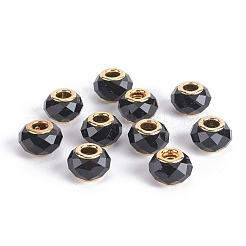 カット加工ガラスヨーロピアンビーズ  大穴ビーズ  黄金色のコアと  ロンデル  ブラック  13.5~14x8.5~9mm  穴：5mm&nbsp;GPDL-E004-02B