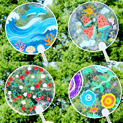 透明PVCハンドヘルドファン15個  空白の絵画ファン  子供のための diy 工芸品  ラウンド  255x170x3mm  ファン：170x170x0.5&nbsp;DIY-HS0002-26