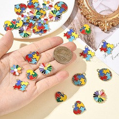 30個6スタイルアロイエナメルペンダント  パズルチャーム  ゴールドカラー  ミックスカラー  17~25x1~22.5x1~2mm  穴：1.5~2mm  5個/スタイル&nbsp;ENAM-YW0009-22