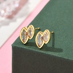 Двойные серьги-гвоздики из латуни с микропаве из прозрачного кубического циркония «конский глаз»&nbsp;EJEW-D318-06G