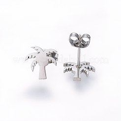304ステンレススチールジュエリーセット  スタッドピアスとペンダントネックレス  ラインストーン付き  ココヤシの木  ステンレス鋼色  16.54インチ（42cm）  10x10x1mm  ピン：0.8mm&nbsp;SJEW-H137-12P