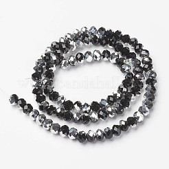 電気メッキ透明ガラスビーズ連売り  半分銀メッキ  多面カット  ロンデル  ブラック  2.5x2mm  穴：0.4mm  約144個/連  29cm&nbsp;EGLA-A034-T1mm-M01