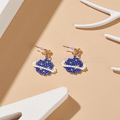 ガラスシード プラネット ダングル スタッド ピアス  女性用ゴールデン 304 ステンレス ワイヤー ラップ ジュエリー  ブルー  20mm  ピン：0.9mm&nbsp;EJEW-MZ00013-01