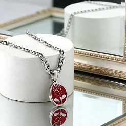 Collana con ciondolo ovale a forma di rosa in acciaio inossidabile 304 smaltato rosso per donna&nbsp;WG6ED6B-01