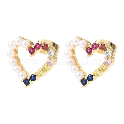 Серьги-гвоздики из латуни с полым сердцем и микропаве из кубических цирконий&nbsp;EJEW-A152-05G