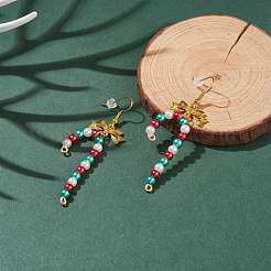Canne en bonbon de noël en verre avec boucles d'oreilles pendantes en alliage bowknot&nbsp;EJEW-JE04971-01