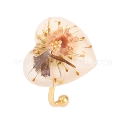 304ステンレススチールカフオープンリング  花とハート  樹脂と  ゴールドカラー  砂茶色  18mm&nbsp;RJEW-C167-01A-01