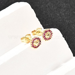 Плоские круглые серьги-гвоздики с сердечками из латуни с микропаве из кубического циркония EJEW-A135-06G