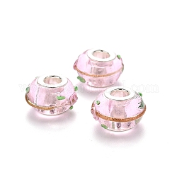 Perles européennes vernissées manuelles, perles de rondelle avec grand trou , Lampwork cahoteux avec de la poudre scintillante et des doubles noyaux en laiton de ton platine, rose, 15~16x9~10mm, Trou: 5mm