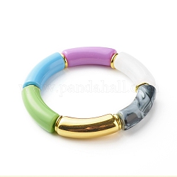 Bracelet extensible en grosses perles tubulaires incurvées, bracelet ccb en plastique et acrylique imitation pierres précieuses, bleu, diamètre intérieur: 2-1/8 pouce (5.5 cm)