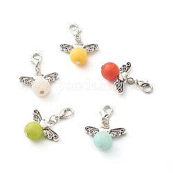 Dyed Natural White Jade Pendants, with Tibetan Style Alloy Heart Beads and Zinc Alloy Lobster Claw Clasps, Frosted, Round, Mixed Color, 35mm, Hole: 4x5mm
