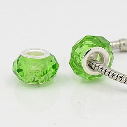 Rondelle Handmade Crystal European Beads Fit Charm Bracelets, Large Hole Beads, Imitation Austrian, Nickel Color Brass Core, GrassGreen, about 14mm long, 10mm wide, hole: 5mm