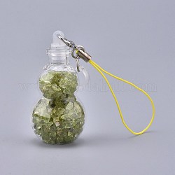 Transparente Glaswunschflasche Anhänger Dekoration, mit natürlichen Peridot-Chips im Inneren, Plastikstopfen, Nylonschnur und Eisenbefunde, Kürbisflasche, 111~130 mm