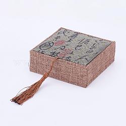 Деревянные браслет коробки, с бельем и кисточкой из нейлонового шнура, прямоугольные, шифер серый, 10x10x3.7 см