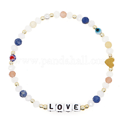 Natural White Jade & Sodalite Stretch Bracelet, Heart & Word Love & Evil Eye Bracelet for Women, Colorful, 6-7/8 inch(17.5cm)