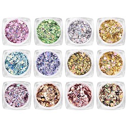 12 Colors Shining Nail Art Decoration Acessories, Including Glitter and Sequins,DIY Paillette Tips Nail, Mixed Shapes, Mixed Color, Powder:0.1x0.1mm, Sequin: 0.5~5x0.5~5mm,about 0.8g/box