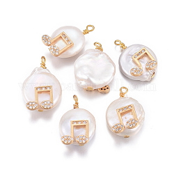 Pendentifs de perles d'eau douce de culture naturelle, avec accessoires zircon cubique micro pave en laiton, pépites avec note de musique, or, clair, 17~26x11~16x5~11mm, Trou: 1.6~2mm