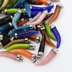 Tusk Shape Cat Eye Pendants, with Brass Clasps And Iron Eye Pins, Mixed Color, about 40mm long, 7.5mm wide, hole: 2x5mm, about 100pcs/bag