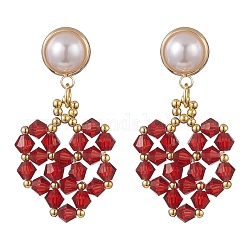 Boucles d'oreilles pendantes en forme de cœur en verre avec perle en plastique ABS, bijoux en fil d'or pour femmes, cœur, 39mm, pin: 0.8 mm