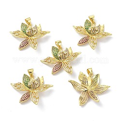 Eco-Friendly Brass Cubic Zirconia Pendants, Long-Lasting Plated, Real 18K Gold Plated, Flower, Colorful, 24.5x29x6mm, Hole: 3.5x4mm, 5pcs/box