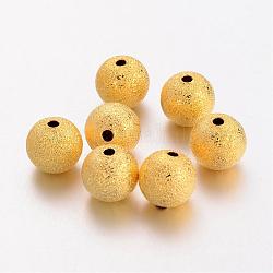 Brass Textured Beads, Nickel Free, Round, Golden Color, Size: about 10mm in diameter, hole: 1.8mm