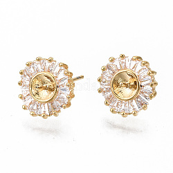 Brass Micro Pave Clear Cubic Zirconia Earring Findings, for Half Drilled Beads, Nickel Free, Flat Round, Real 18K Gold Plated, 11.5mm, Pin: 0.7mm, Pin: 0.7mm(for half drilled beads)