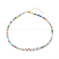 Perlenketten, mit Acryl-Perlen, Messing Perlen, Glasperlen, 304 Edelstahlbeschläge & Messingkette, Wort Lächeln, Farbig, 15.35 Zoll (39 cm)
