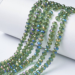 Electroplate Transparent Glass Beads Strands, Full Rainbow Plated, Faceted, Rondelle, Spring Green, 3x2mm, Hole: 0.8mm, about 150~155pcs/strand, 15~16 inch(38~40cm)