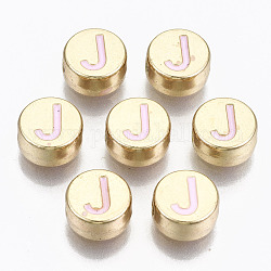 Abalorios de aleación de esmalte, sin plomo y cadmio, redondo plano con letras iniciales, la luz de oro, rosa perla, letter.j, 8x4mm, agujero: 1.5 mm