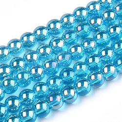Chapelets de perles en verre transparent électrolytique, de couleur plaquée ab , ronde, bleu profond du ciel, 4~4.5mm, Trou: 0.8mm, Environ 97~99 pcs/chapelet, 14.76 pouce ~ 14.96 pouces (37.5~38 cm)
