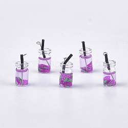 Pendentifs de bouteille en verre, avec de la résine, accessoires de plastique et de fer, breloques de thé aux fruits, platine, moyen orchidée, 25~28x10mm, Trou: 1.8mm