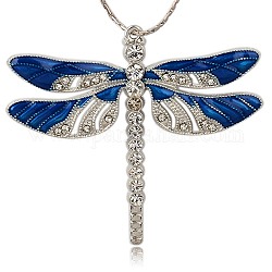 Alliage émail libellule gros pendentifs, avec strass cristal, platine, bleu royal, 57x64x5mm, Trou: 2mm