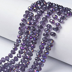 Electroplate Transparent Glass Beads Strands, Half Rainbow Plated, Faceted, Rondelle, Dark Violet, 3x2mm, Hole: 0.8mm, about 150~155pcs/strand, 15~16 inch(38~40cm)