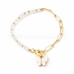 Bracciale di perline di zirconi cubici con catenelle di graffette in ottone, braccialetto di fascino acrilico farfalla per le donne, oro, chiaro, 7-5/8 pollice (19.3 cm)