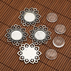 Tibetan Style Alloy Flower Connector Cabochon Bezel Settings and Flat Round Transparent Glass Cabochons, Antique Silver, Tray: 18mm, 39x35mm, Hole: 3mm, Glass Cabochons: 18mm