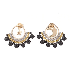 Boucles d'oreilles pendantes en forme d'éventail en perles de verre tressées, bijoux étoile et lune en laiton pour femme, véritable 18k plaqué or, 20.5x25mm, pin: 0.8 mm, 2 pièces / kit