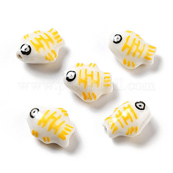 Perles de porcelaine imprimées manuelles, poisson, jaune, 14.5~15x11.5~12x7~7.5mm, Trou: 1.6mm