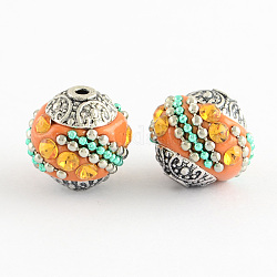 Perles Indonésiennes manuelles, avec strass topaze clair et noyaux en alliage, ronde, argent antique, orange foncé, 14~16x14~16mm, Trou: 1.5mm