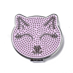 Mini kit di specchietti per il trucco con pittura a diamante speciale a forma di gatto fai da te, specchietti di cortesia pieghevoli su due lati, con strass, penna, vassoio di plastica e fango di perforazione, perla rosa, 74x89x12.5mm