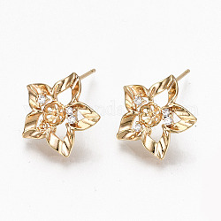 Hollow Brass Micro Pave Clear Cubic Zirconia Stud Earring Findings, with Loop and for Half Drilled Beads, Flower, Nickel Free, Real 18K Gold Plated, Clear, 15x16mm, Hole: 1mm, pin: 0.7mm, pin: 0.7mm(for half drilled beads)