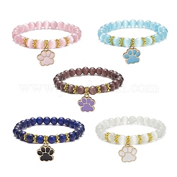 Cat Eye Round Beads Beaded Bracelets, Alloy Enamel Dog Paw Prints Charm Stretch Bracelets for Woman, Mixed Color, Inner Diameter: 2 inch(5.2cm)