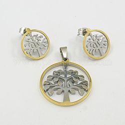 Fashionable 304 Stainless Steel Jewelry Sets, Pendants and Ear Studs, Tree of Life, Golden & Stainless Steel Color, 37x33mm, Hole: 8x5mm, 17x15mm, Pin: 0.8mm