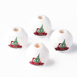 Bemalte runde Perlen aus Naturholz, Auto mit Weihnachtsbaummuster, rot, 16x15 mm, Bohrung: 4 mm