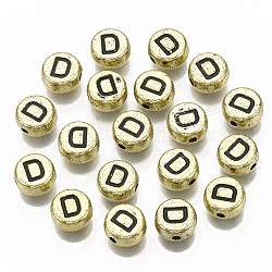 Beschichtung Acryl-Perlen, horizontales Loch, flach rund mit Brief, Vergoldete, Schwarz, letter.d, 7x4 mm, Loch: 1.2 mm.