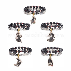 2 pièces 2 bracelets à breloques en alliage d'émail de style halloween sertis de croix de crâne, bracelet obsidienne naturelle et turquoise synthétique (teint) pour femme, Modèles mixtes, diamètre intérieur: 2-1/8 pouce (5.4 cm), 2 pouce (5.1 cm), 1pc / style
