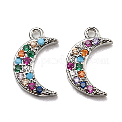 Brass Cubic Zirconia Charms, with Enamel, Moon, Colorful, Platinum, 13.5x8x2mm, Hole: 1mm